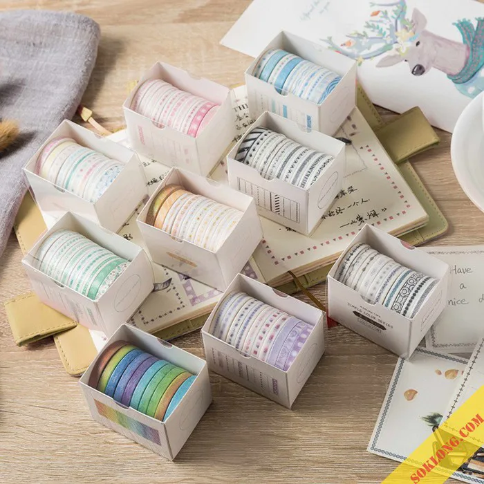 Bộ 10 cuộn washi tape dễ thương trang trí bullet journal, set băng dính dán  đa năng WA06