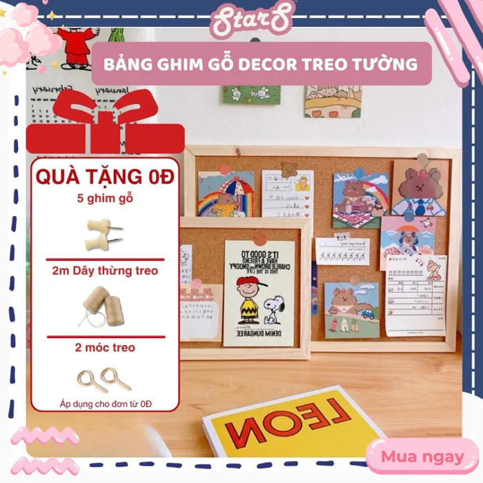 Bảng ghim gỗ bần ghim tài liệu Starshanoi bảng Note treo tường dán ghi chú,  thông báo, tranh ảnh tặng kèm phụ kiện
