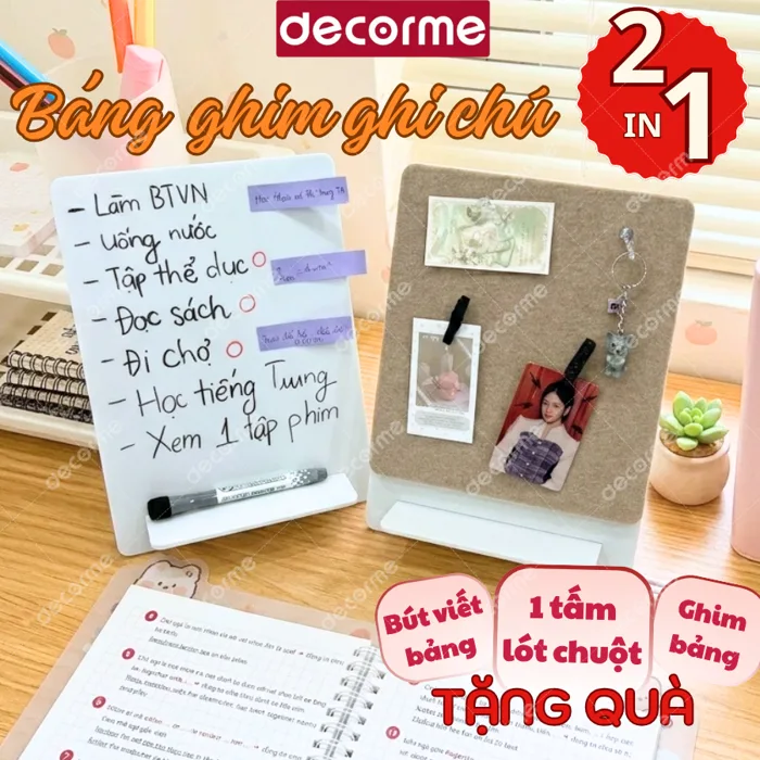 Bảng Nhựa Ghi Nhớ, Bảng Ghim Ghi Chú 2 Mặt Có Chân Đế 2in1 Bảng Viết + Bảng  Ghim To Do List Tặng Bút Kẹp Lót Chuột
