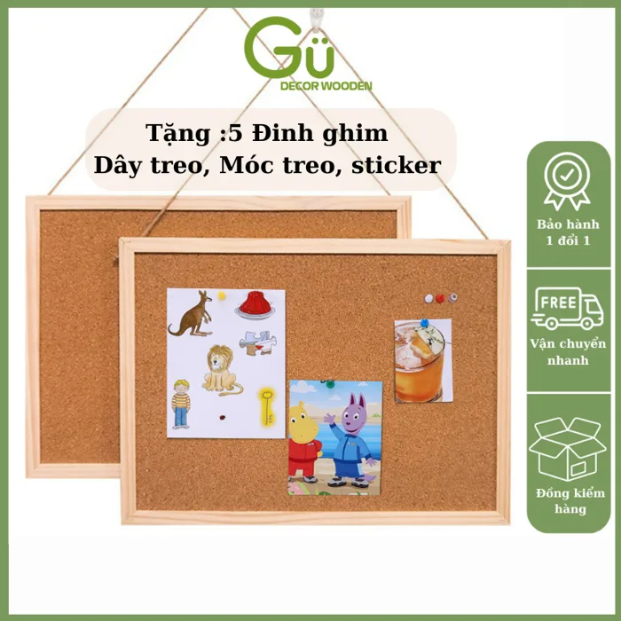 Bảng ghim gỗ bần,ghim tài liệu GU DECOR bảng Note treo tường dán ghi chú,  thông báo, tranh ảnh tặng kèm phụ kiện