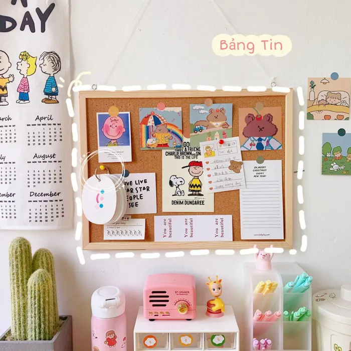 Bảng ghim bần khung gỗ treo ảnh giấy note ghi chú có móc treo tường (Tặng  kèm ghim + dây gai + móc)