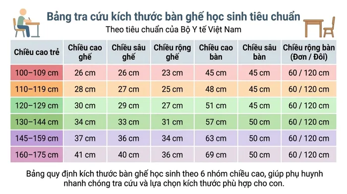 Kích Thước Bàn Học Chuẩn Theo Bộ Y Tế: Bảng Tra Cứu