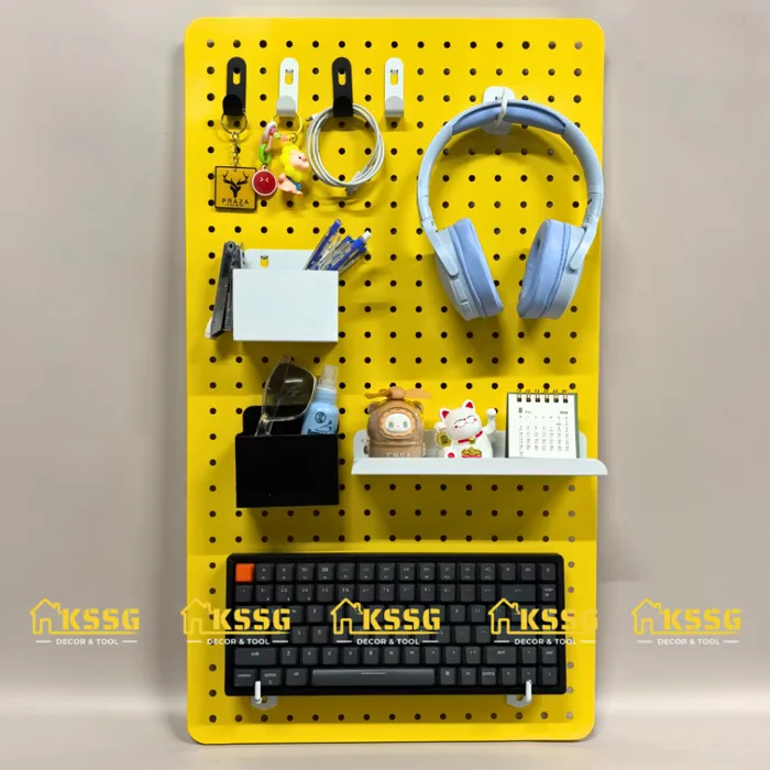 Bảng Pegboard Màu Vàng, Bảng Pegboard Kim Loại Gắn Tường Decor Góc Học Tập,  Tấm Tôn Lỗ Sơn Tĩnh Điện