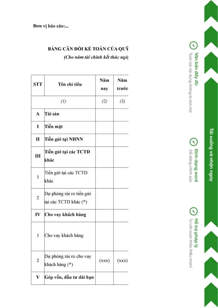 Bảng cân đối kế toán của Quỹ tín dụng nhân dân - Tài chính & Ngân hàng -  Mẫu Văn Bản - Hệ thống biểu mẫu chất lượng cao