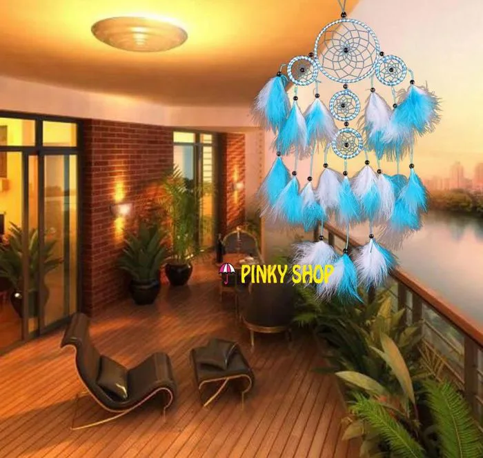 Dreamcatcher treo tường handmade gắn lông vũ màu xanh decor DRD44 – Pinky  Shop
