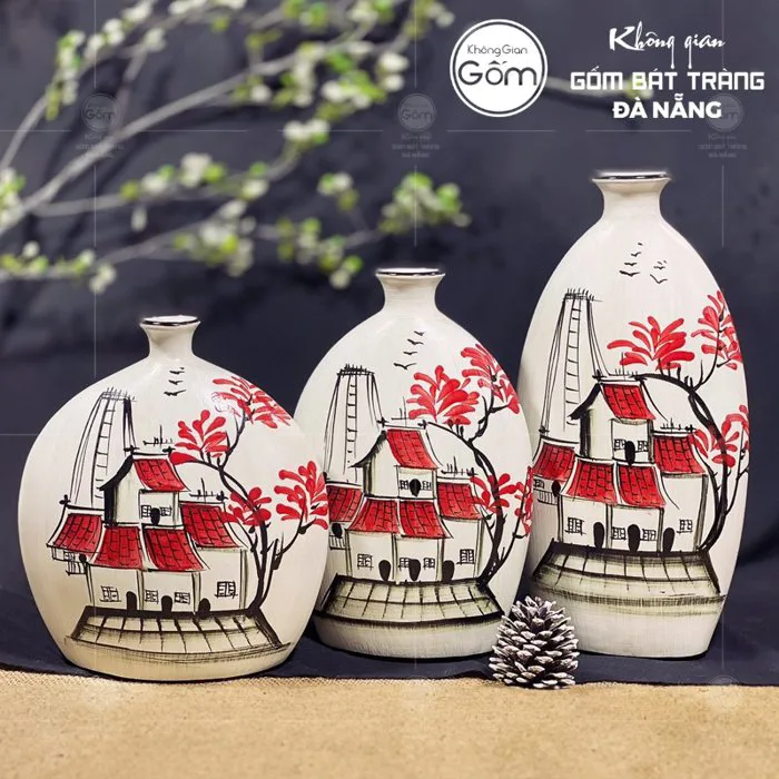 Bộ bình hoa gốm sứ decor hoạ tiết phố cổ vẽ tay BT_BH41