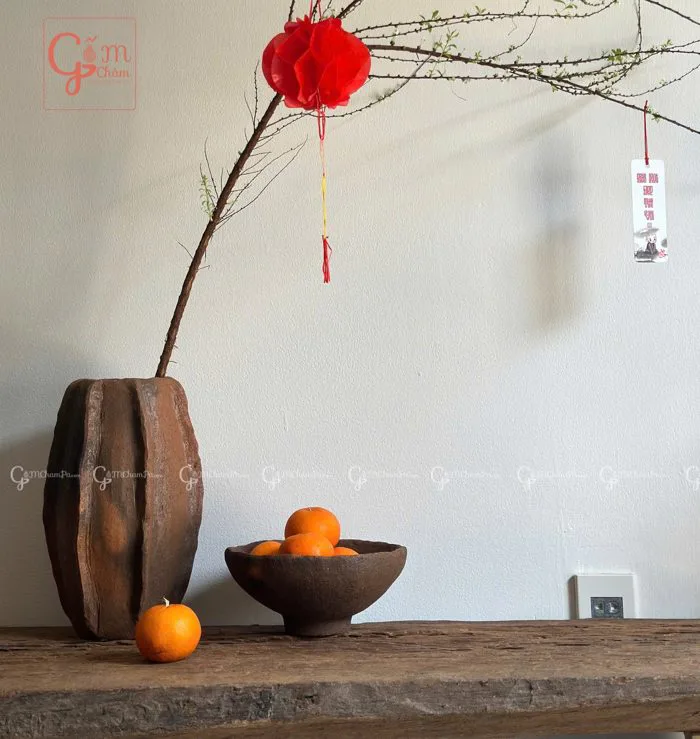 Bình gốm decor, trang trí chất liệu gốm Chăm LH004