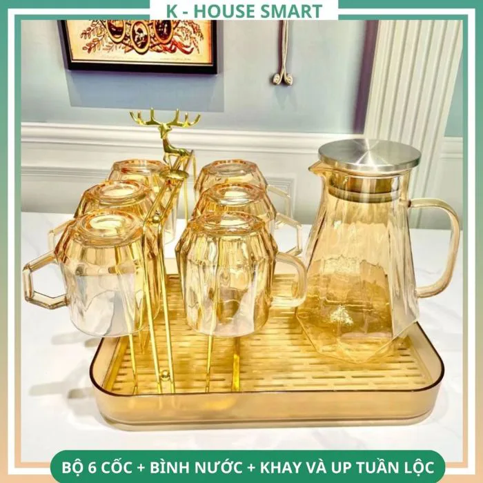 Bộ bình nước cốc thuỷ tinh để bàn phòng khách decor cao cấp chịu nhiệt độ  cao K-housesmart