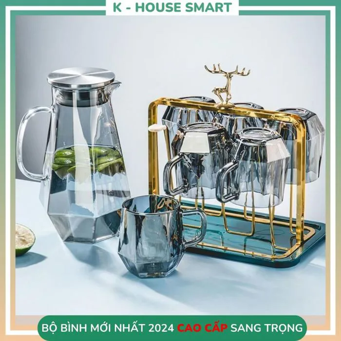 Bộ bình nước cốc thuỷ tinh để bàn phòng khách decor cao cấp chịu nhiệt độ  cao K-housesmart