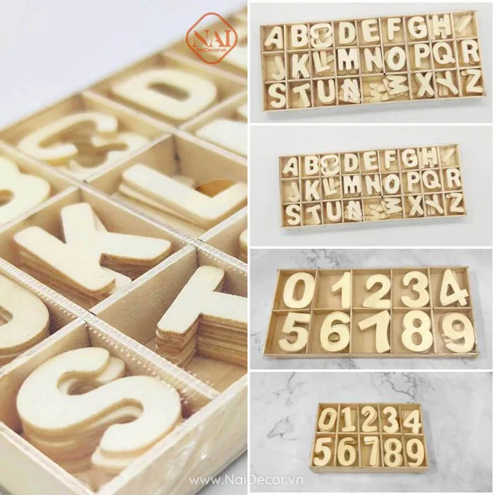 Bộ 156 Chữ Cái, 60 Chữ Số bằng Gỗ