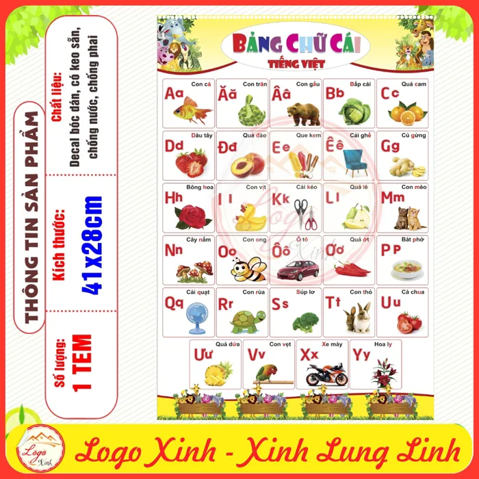 Bảng Chữ Cái In Hoa, In Thường Bằng Tếng Việt Kèm Hình Minh Họa Dạng Decal  Dán Cho Bé Lớp Tiểu Học, Mầm Non, Bé Tập Đọc