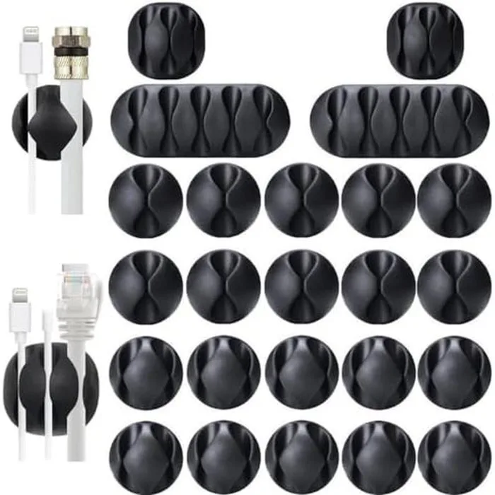 Bộ sắp xếp dây quản lý cáp để bàn OHill, Kẹp cáp giữ dây tự dính màu đen 24  gói, Bộ giữ dây cáp lý tưởng cho bàn làm việc, đầu giường,