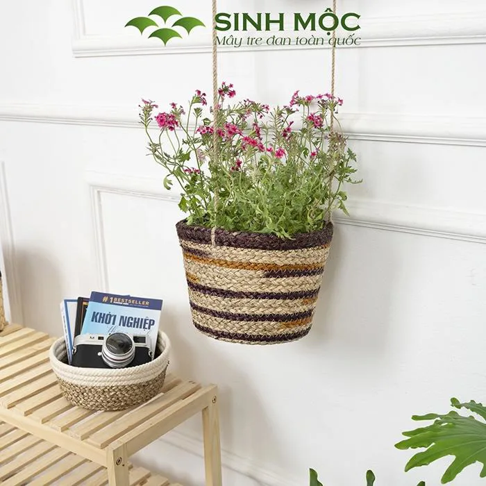 Chậu trồng cây hai tầng, giỏ hoa treo tường, giỏ cói decor, chậu cây trang  trí