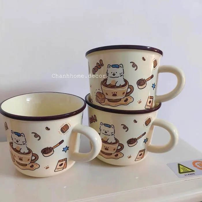 Cốc sứ hoạ tiết Cún Mèo dễ thương 350ml uống nước sữa cafe, ly sứ tay –  chanhhhome.decor