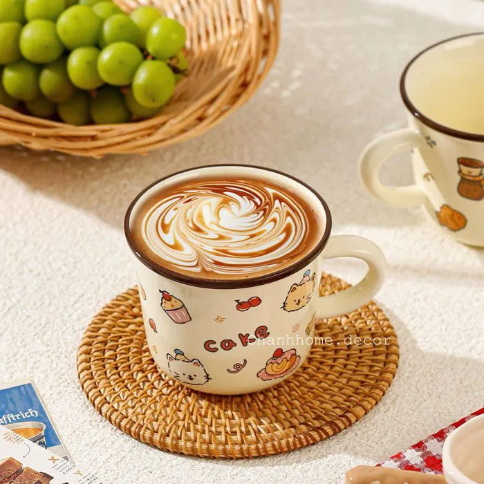 Cốc sứ hoạ tiết Cún Mèo dễ thương 350ml uống nước sữa cafe, ly sứ tay –  chanhhhome.decor