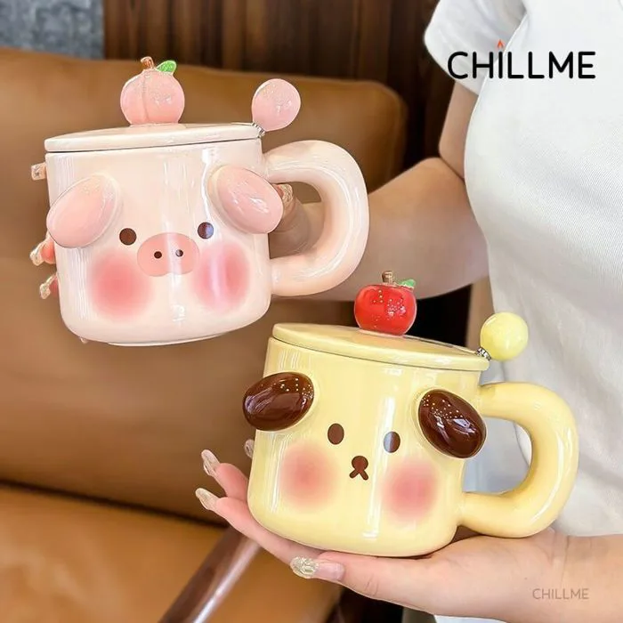 Cốc sứ uống nước có nắp Chillme hình heo và cún dễ thương đáng iu cute phù  hợp quà tặng decor