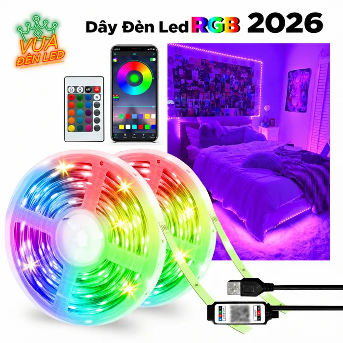 Đèn dây led RGB trang trí decor phòng, decor bàn gaming,... có chế độ nháy  theo nhạc điều chỉnh bằng remote và app