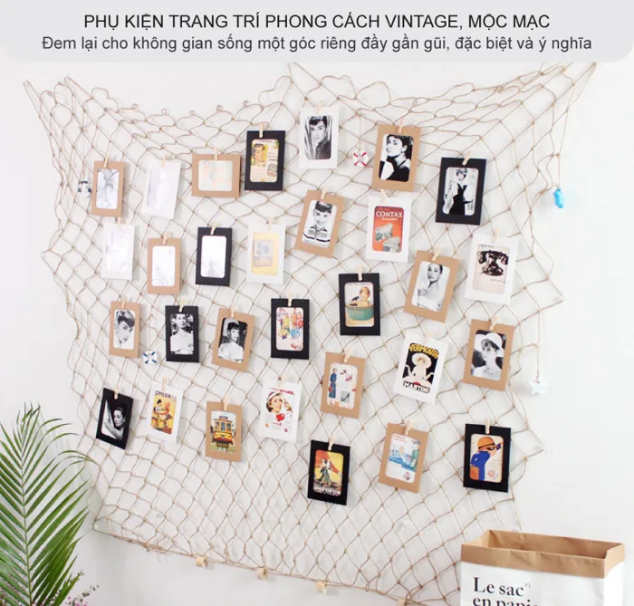 Lưới dây thừng trang trí treo ảnh kèm khung ảnh giấy và kẹp gỗ decor tường