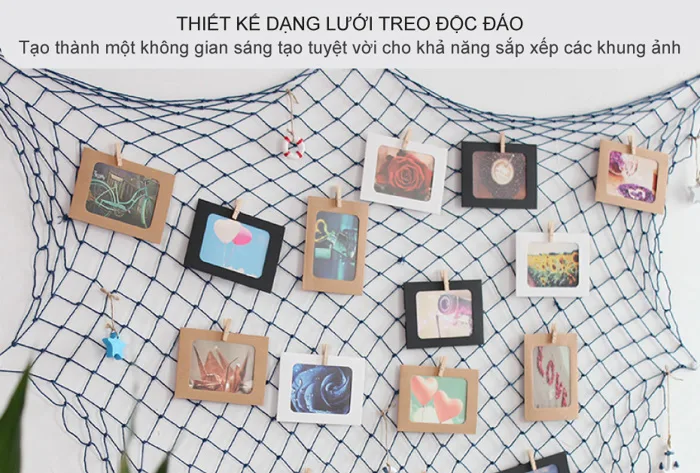 Lưới dây thừng trang trí treo ảnh kèm khung ảnh giấy và kẹp gỗ decor tường