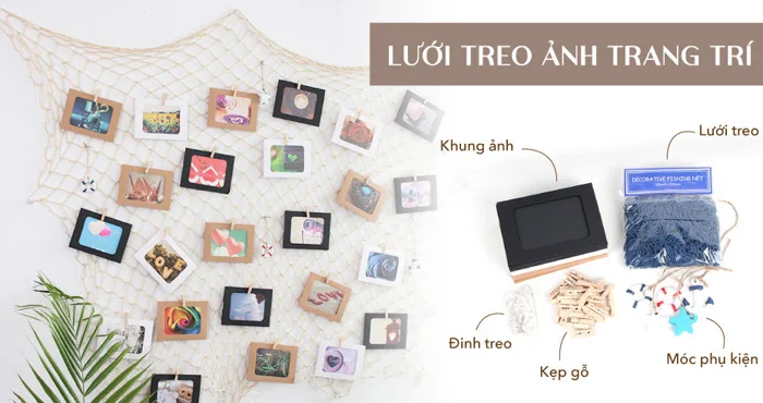 Lưới dây thừng trang trí treo ảnh kèm khung ảnh giấy và kẹp gỗ decor tường