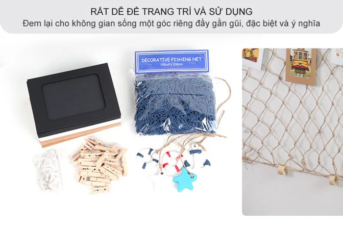 Lưới dây thừng trang trí treo ảnh kèm khung ảnh giấy và kẹp gỗ decor tường