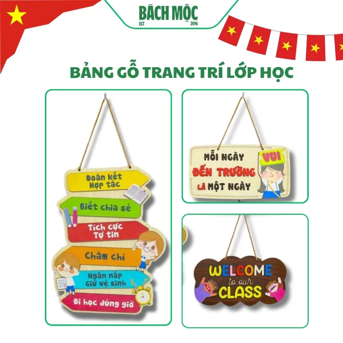 Bảng Gỗ Trang Trí Lớp Học Treo Tường, Trang Trí Trường Mầm Non, Tiểu Học Kích Thước từ 23cm-29cm