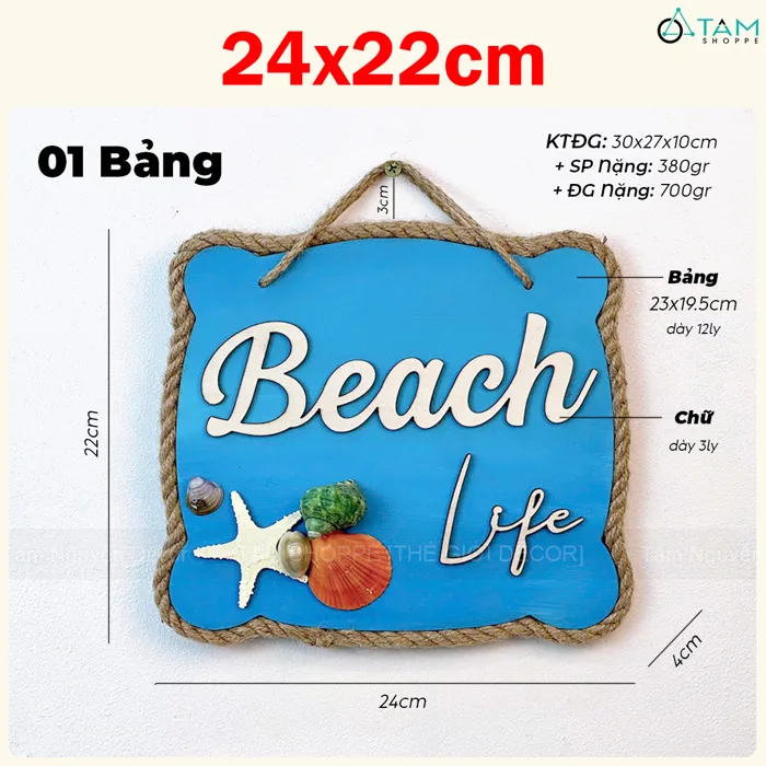 Bảng treo chủ đề biển Beach Life sao gỗ [Dây thừng - Vỏ ốc thật] KT24x22cm BTC-BIEN-04