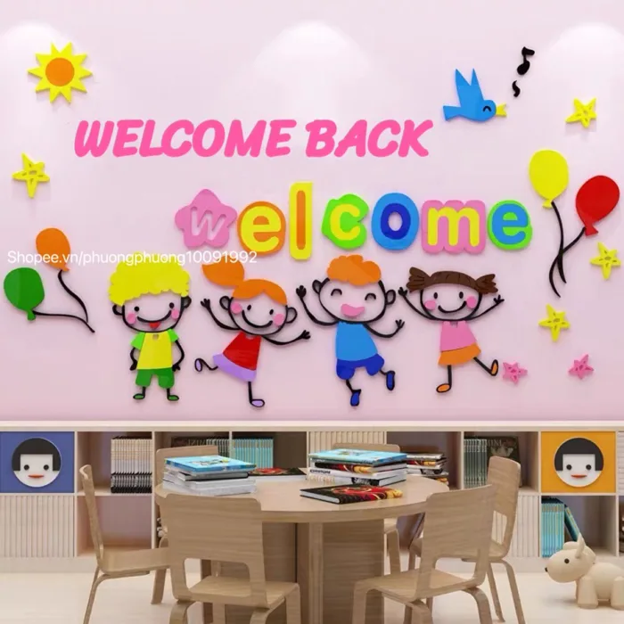 Tranh dán tường mica dán nổi welcome back trang trí lớp học, trường mầm  non, khu vui chơi, phòng khám nhi
