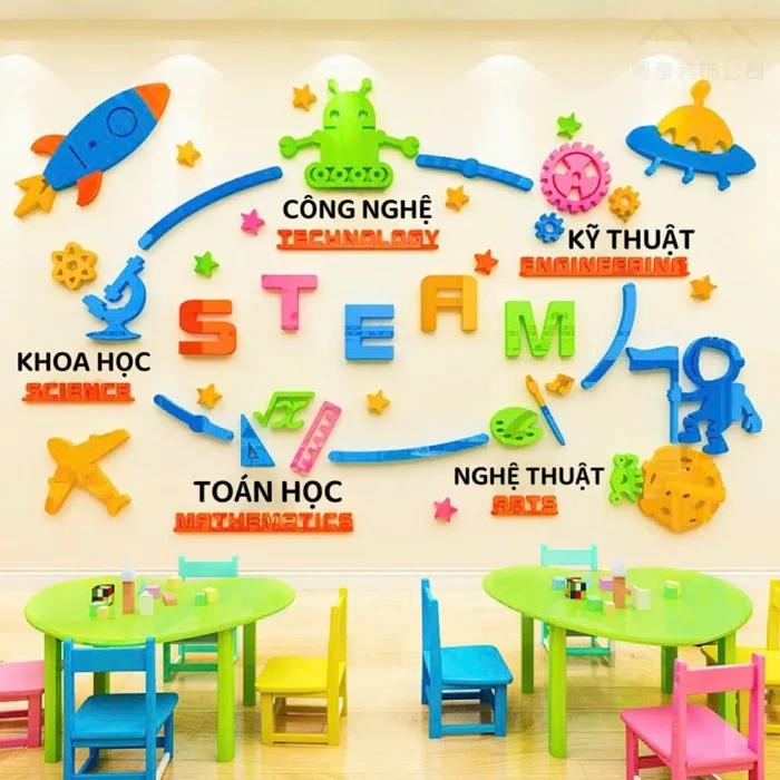 Decal dán tường dán nổi steam chất liệu acrylic trang trí trường mầm non,  khu vui chơi, trung tâm tiếng anh, lớp học
