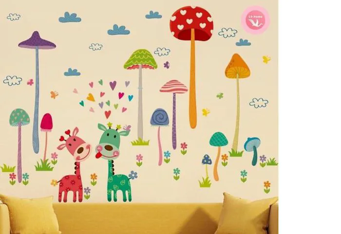 Decal dán tường nấm và hươu - tranh dán tường trang trí phòng ngủ lớp mầm  non hươu nhỏ và cây nấm Printed Wallpaper Decal Dán Tường Nhựa Pvc Cao Cấp -