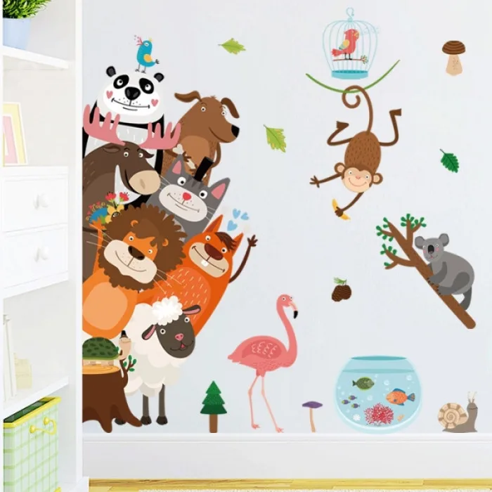 Decal vườn thú vui nhộn dán lớp học mầm non đẹp sư tử, rùa, gấu, khỉ