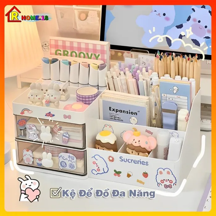 Tủ Đựng Đồ Đa Năng Để Bàn Hình Thỏ Cao Cấp - Hộp Đựng Đồ Mỹ Phẩm Mini Decor  Bàn Học, Bàn Làm Việc Tặng Kèm Sticker