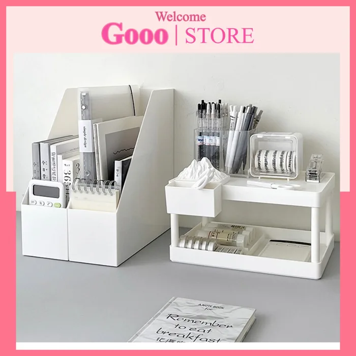 Kệ nhựa 2 tầng trắng decor bàn học phong cách Hàn Quốc