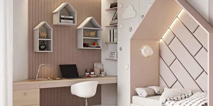 Decor góc làm việc trong phòng ngủ bằng kệ trang trí đẹp