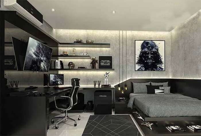 Modern Bedroom Design with Stylish Decor | Black gaming bedroom, Black  gamer bedroom, Modern gaming bedroom