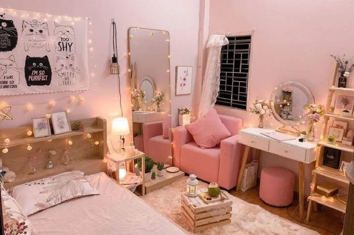 Decor phòng ngủ nhỏ Phong cách Vintage Tone hồng Decor phòng ngủ nhỏ Phong cách Vintage Tone hồng