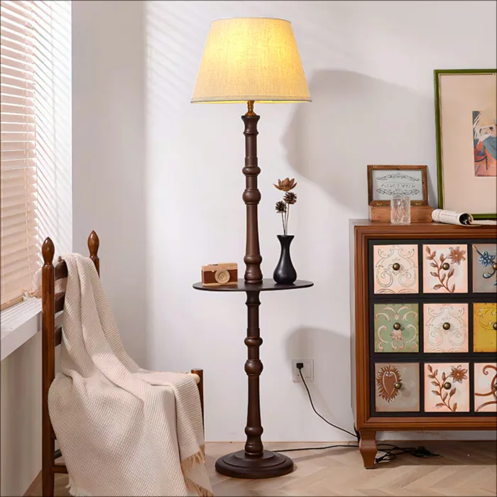 Đèn cây gỗ tích hợp bàn trà chao vải DCA-03 - Đèn trang trí An Nam Decor Đèn cây gỗ tích hợp bàn trà chao vải DCA-03 - Đèn trang trí An Nam Decor