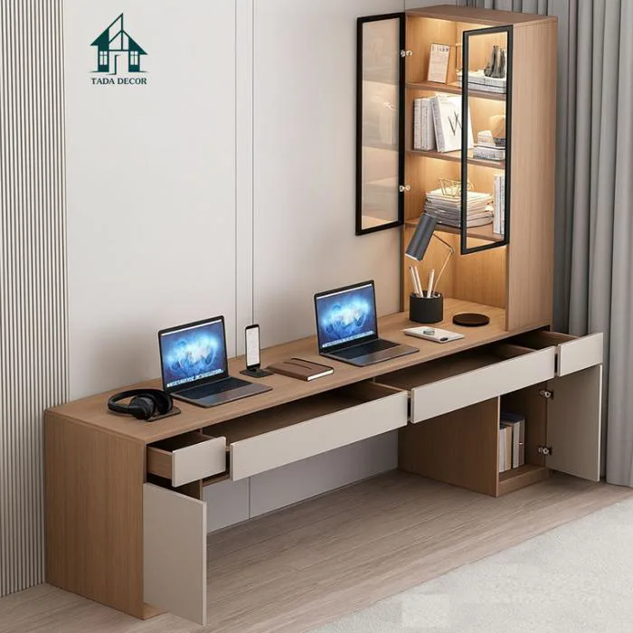 Bàn Học Đôi Dáng Dài Tích Hợp Đèn LED Và Kệ Sách Cánh Kính Sang Trọng –  TADA Việt Nam TDBH776