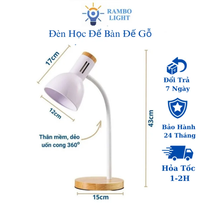 Đèn bàn học đế gỗ, đèn led để bàn làm việc đọc sách bảo vệ mắt, chống cận,  trang trí decor