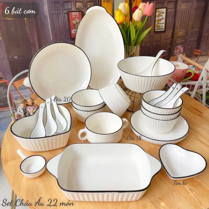 Bát Đĩa Gốm Sứ Decor, Bát Ăn Cơm, Bát Ăn Chè, Chén Dĩa Dễ Thương Bộ Bát Đĩa  Màu Trắng Viền Đen Xinh Yêu Gomsudecor21 | Lazada Việt Nam