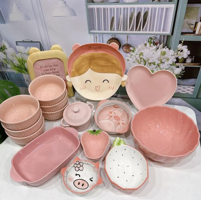 Bát Đĩa Gốm Sứ Decor Bát Ăn Cơm Bát Ăn Chè Chén Dĩa Dễ Thương Sét Bát Đĩa  Cô Gái Màu Hồng Xinh Yêu Gomsudecor21 Bộ Bát Đĩa Gốm Sứ Thiết Kế