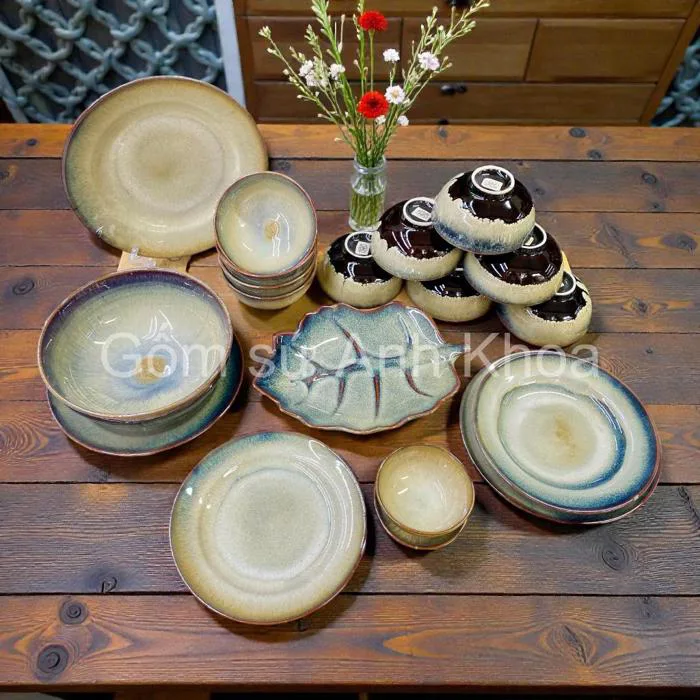 Bộ Bát Đĩa Gốm Sứ Decor, Chén Dĩa Dễ Thương Bộ Bát Đĩa hoả biến men vàng  cát Chuẩn Gốm sứ Bát Tràng Gomsudecor21