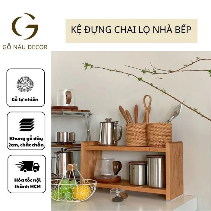 Kệ để đồ nhà bếp đựng hộp gia vị, chai lọ decor không gian bếp được làm  bằng gỗ sồi