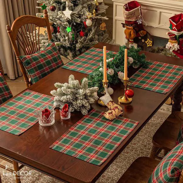 Tấm lót bàn ăn họa tiết caro cho mùa Giáng sinh, Noel bày tiệc sang trọng,  lịch sự- TBA582 Cây Giả Trang Trí nhà Đẹp - Lan Decor