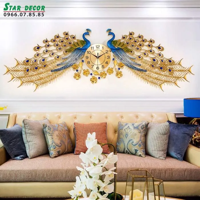 Decor đồng hồ trang trí phòng khách 2 con công xanh navi cỡ lớn ML_232 Decor đồng hồ trang trí phòng khách 2 con công xanh navi cỡ lớn ML_232