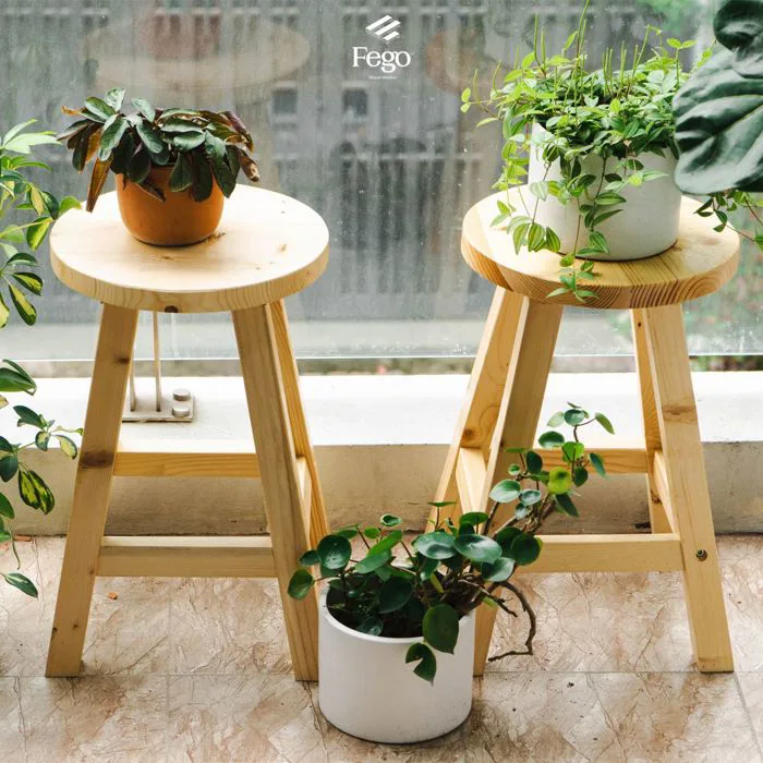 Ghế đôn gỗ thông FEGO mặt tròn vân gỗ nổi trang trí decor
