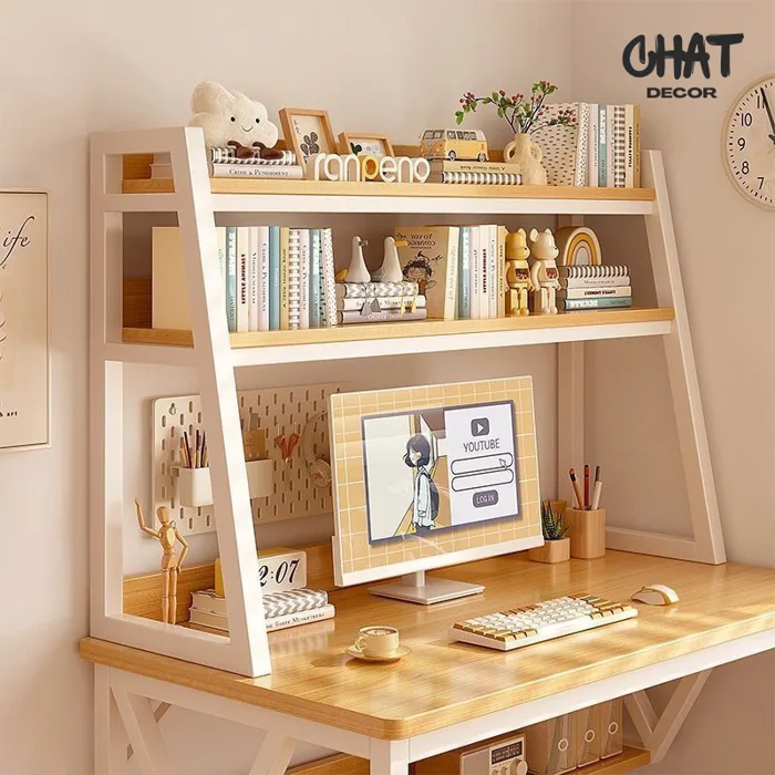 Kệ sách để bàn 2 tầng, giá sách decor bàn học thiết kế kiểu mới đa năng,  khung thép mặt gỗ chịu lực tốt