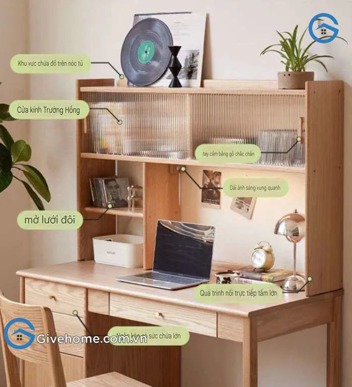 Bàn học kèm giá sách đa năng bằng gỗ tự nhiên - Givehome