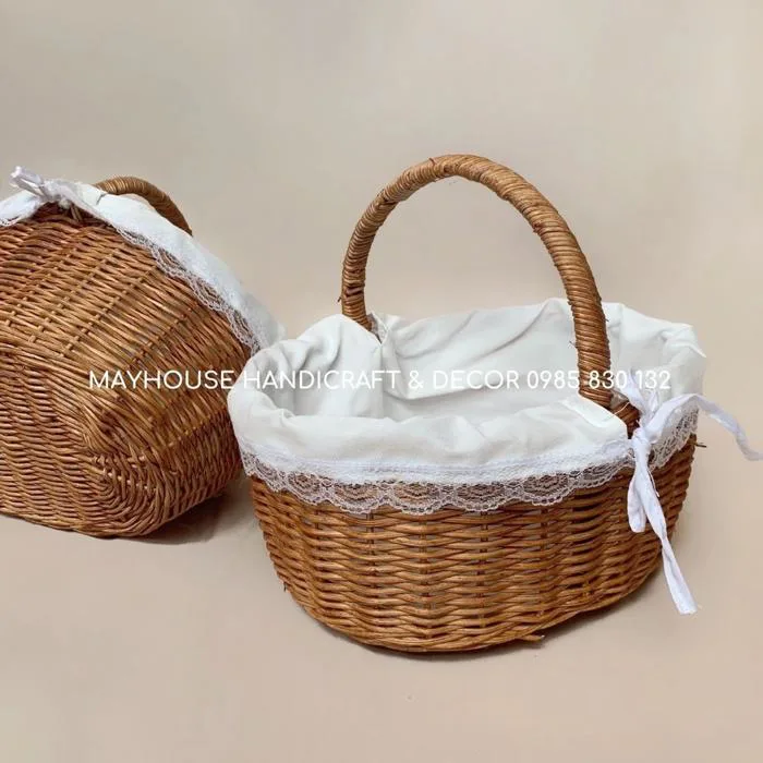 Giỏ mây Picnic có vải lót phong cách vintage hàng thủ công đa năng Giỏ mây Picnic có vải lót phong cách vintage hàng thủ công đa năng