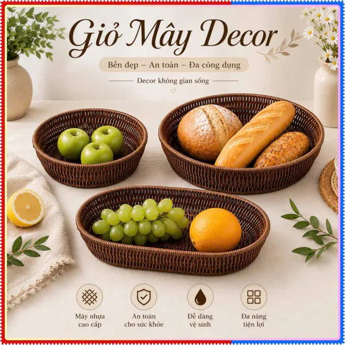 Giỏ Mây Decor Cao Cấp, Giỏ Mây Nhựa Giả Mây Đựng Hoa Quả, Bánh Mì, Đồ Ăn, Nhiều Kiểu Dáng Giỏ Mây Decor Cao Cấp, Giỏ Mây Nhựa Giả Mây Đựng Hoa Quả, Bánh Mì, Đồ Ăn, Nhiều Kiểu Dáng